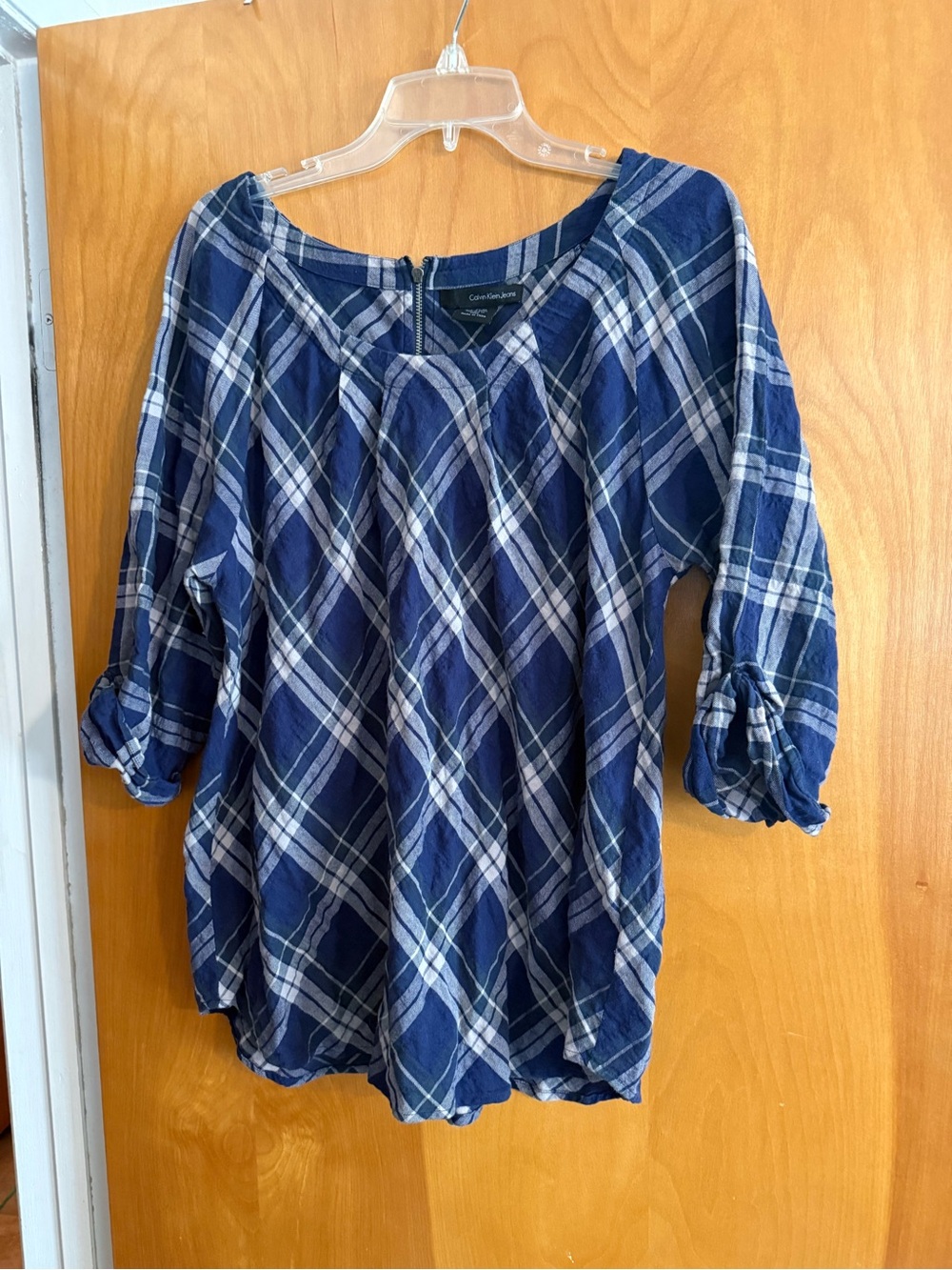 Calvin Klein Navy and White Plaid Tunic Top